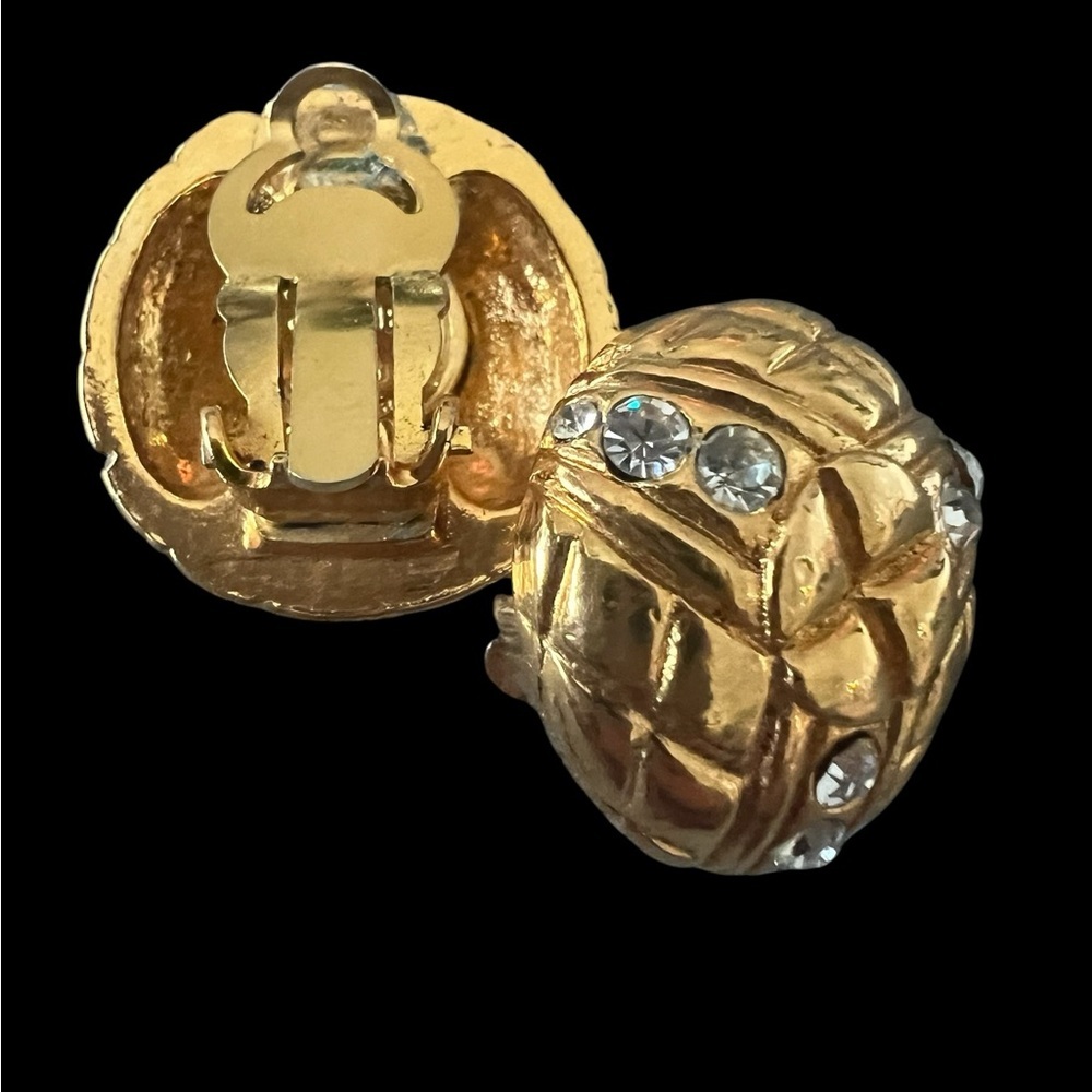 CHANEL Vintage Gold Plated Quilted and Rhinestone Earrings - Picture 9 of 9